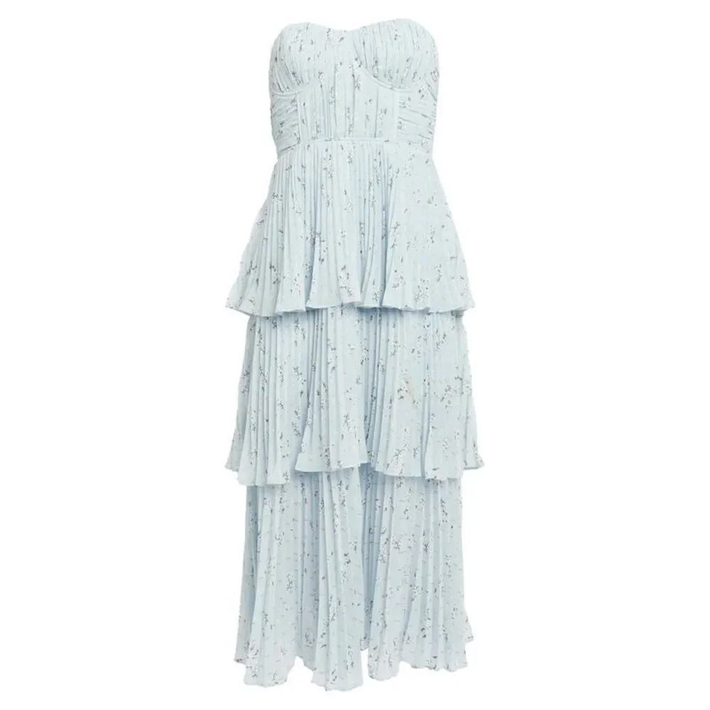 Blue Pleated Tiered Dress